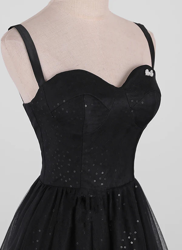 Black A-line Tulle Straps Simple Long Prom Dress